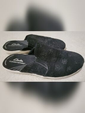 Clarks Cloudsteppers Black Eyelet Cloth Slip-On Mules Size 8.5